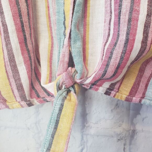 BEACHLUNCHLOUNGE Linen-Blend Striped Knot Front Button Down Shirt XS - Picture 2 of 6